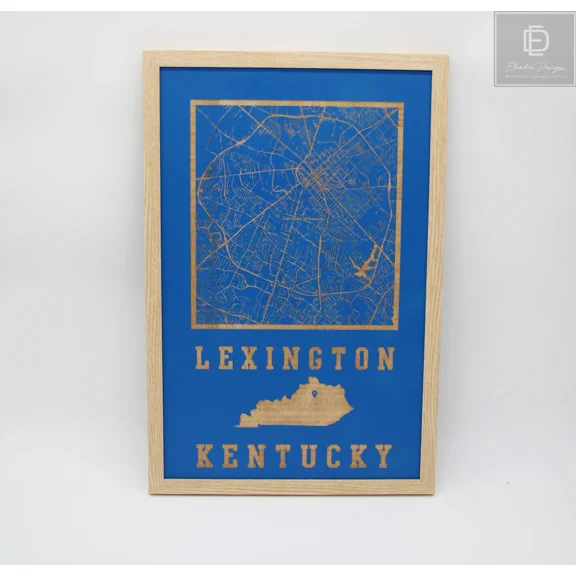 Lexington, Kentucky Laser Etched Wood Street Map - University of Kentucky Campus Map Framed in Natural Wood