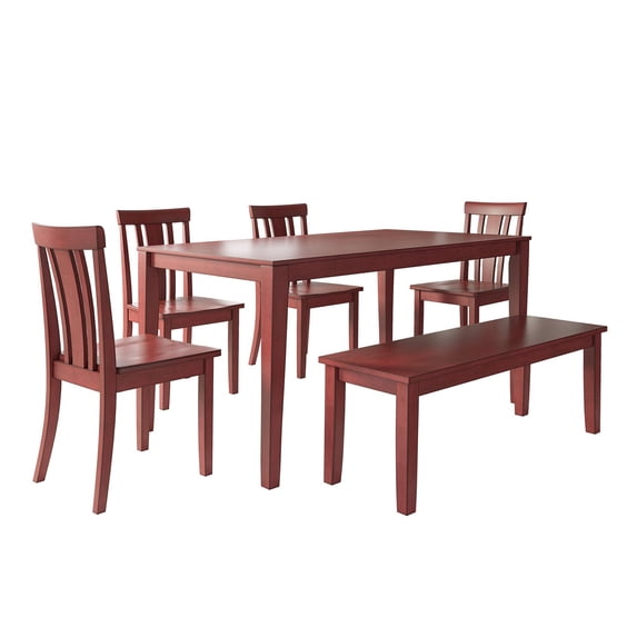 Lexington Large Dining Set with Bench and 4 Slat Back Chairs, Berry Red