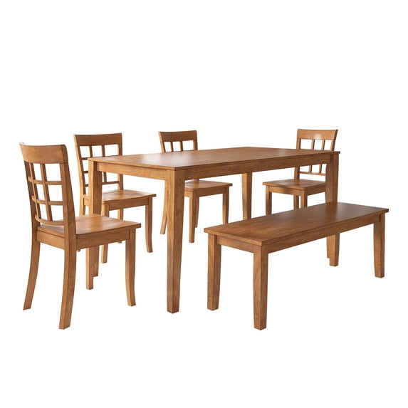 Lexington Large Dining Set with Bench and 4 Window Back Chairs, Oak
