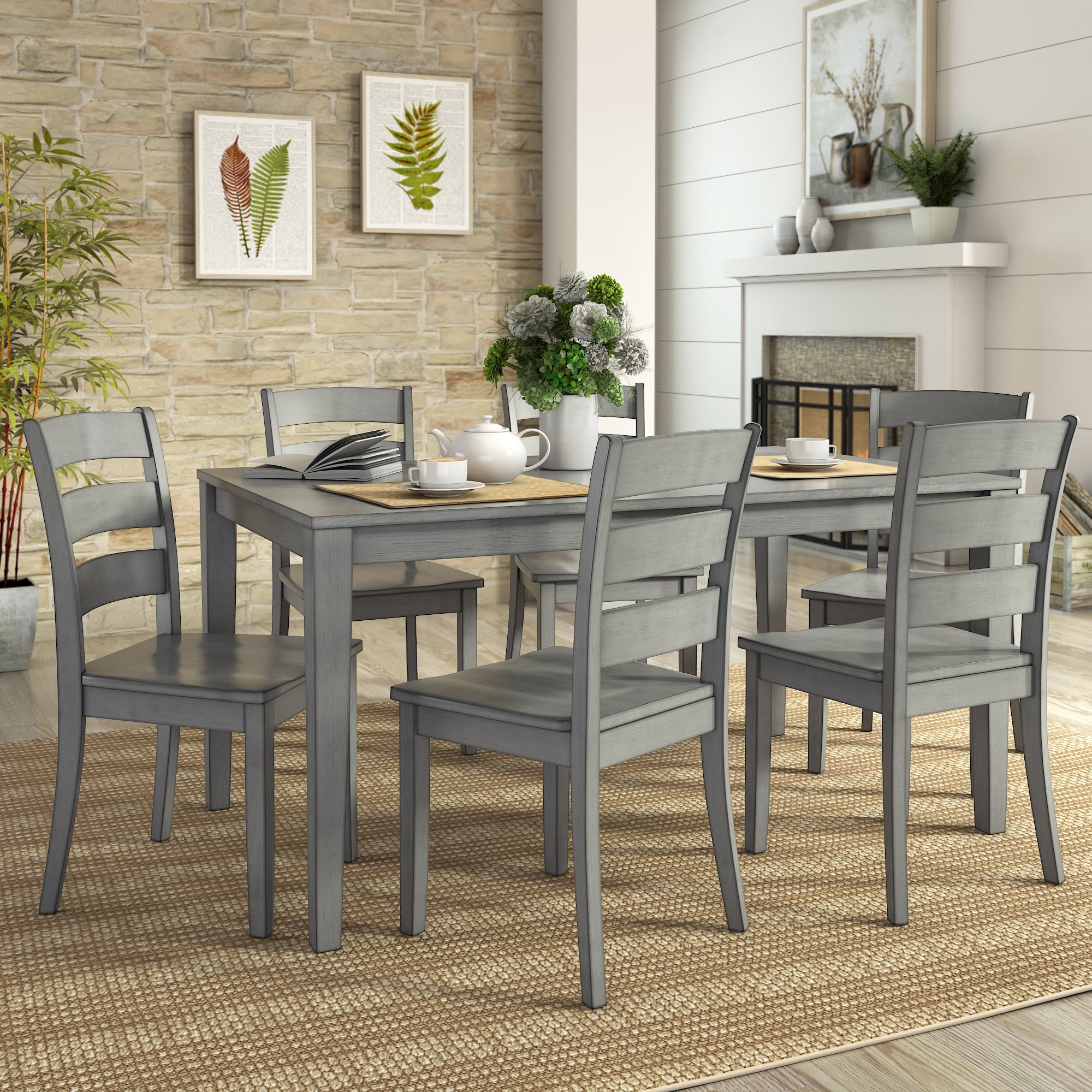 Lexington Large Wood Dining Set with 6 Ladder Back Chairs, Black