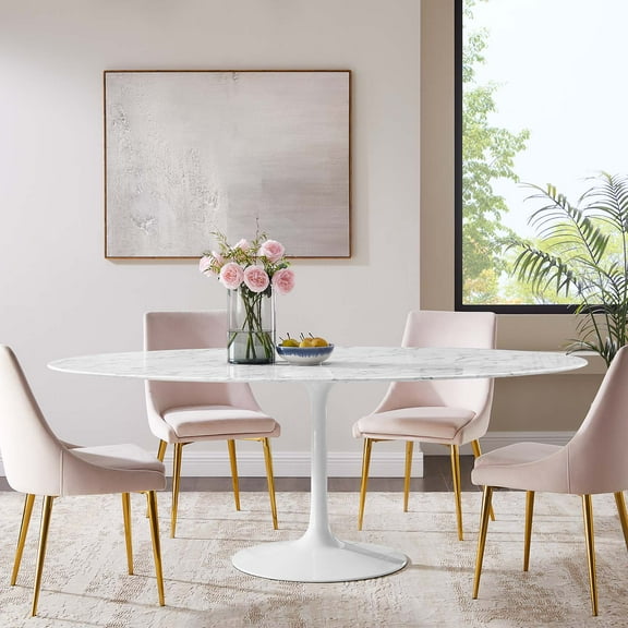 Modway Lippa 78" Oval Artificial Marble Dining Table in White