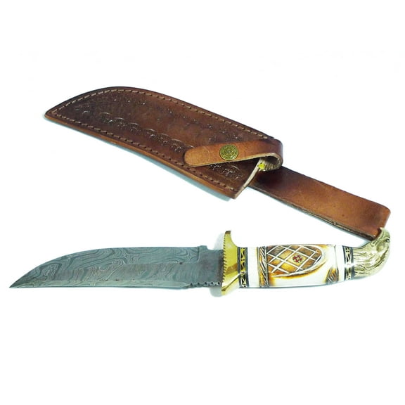 Lexon Handmade Damascus Steel Hunting Knife American Eagle Horn Handle with Real Leather Sheath