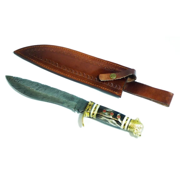 Lexon 10.5" Handmade Damascus Steel Hunting Knife, with Real Leather Sheath