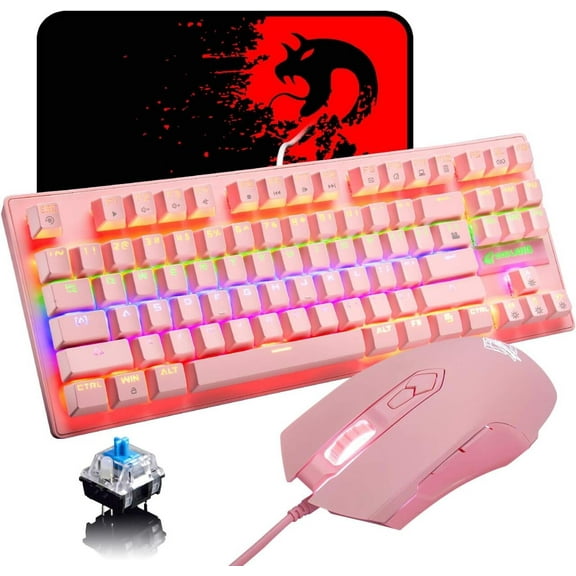 LexonElec Mechanical Gaming Keyboard Blue Switch Mini 82 Keys Wired Rainbow LED Backlit Keyboard,Lightweight Gaming Mouse 6400DPI Honeycomb Optical,Gaming Mouse Pad for Gamers and Typists(Pink)