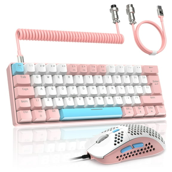 LexonElec T60PRO 60% Mechanical Keyboard and Mouse Combo+Coiled USB C Cable, Compact RGB LED Backlit Keyboard, Clicky Blue Switch, 6400 DPI Programmable RGB Mouse for PC Mac PS4 Gamer(Pink&White)