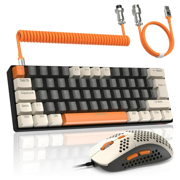 LexonElec T60PRO RGB Compact USB-C Gaming Keyboard with Mouse & Coiled USB-C Cable, Gray & Orange