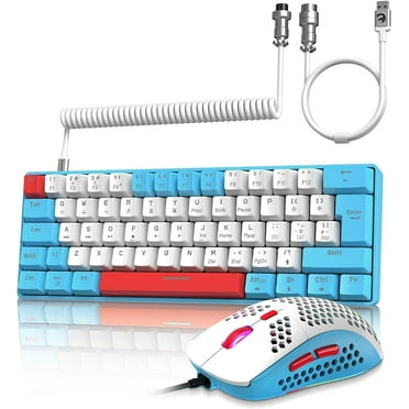 LexonElec T60PRO 60% Mechanical Keyboard and Mouse Combo+Coiled USB C Cable, Compact RGB LED Backlit Keyboard, Linear Red Switch, 6400 DPI Programmable RGB Mouse for PC Mac Gamer(Blue&White)