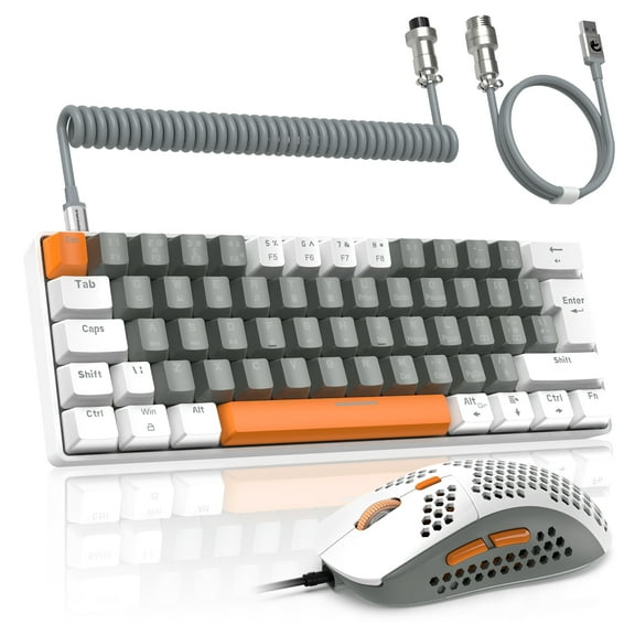 LexonElec T60PRO 60% Mechanical Keyboard and Mouse Combo+Coiled USB C Cable, Compact RGB LED Backlit Keyboard, Linear Red Switch, 6400 DPI Programmable RGB Mouse for PC Mac Gamer(Grey&White)