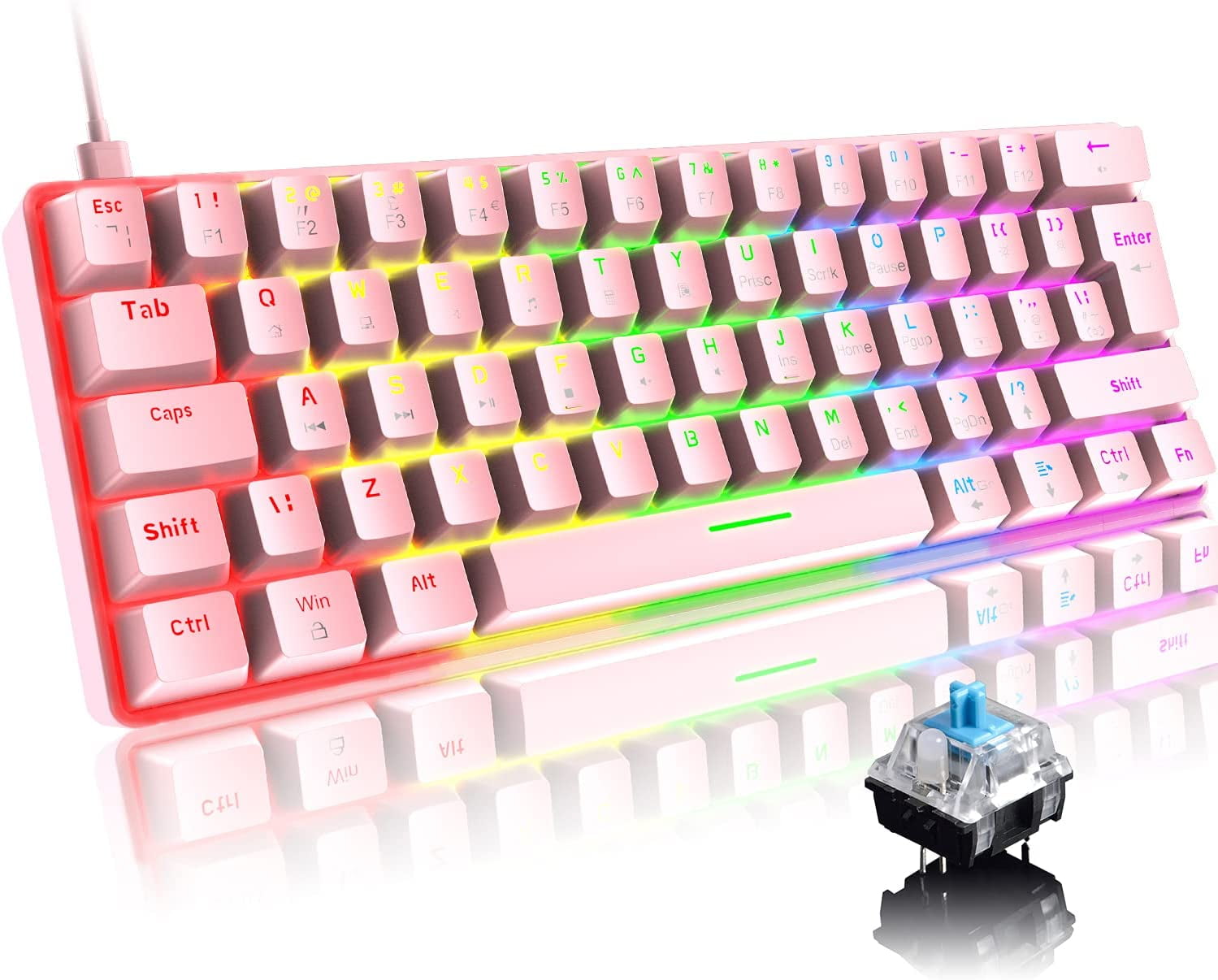 Lexontech T60 Wired Gaming Keyboard 60% True Mechanical Blue Keyboard Mini Portable 62 Keys 19 RGB Chroma LED Backlit Full Keys Anti-Ghosting for Gamers and Typists (Pink/Blue Switch)