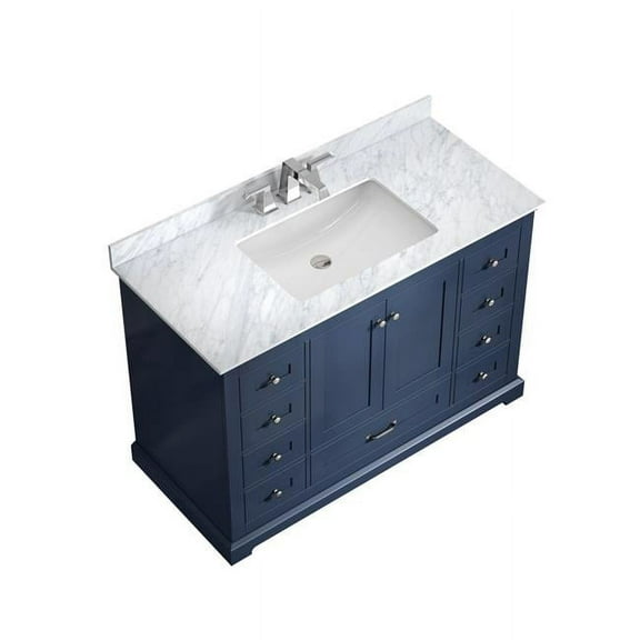 Lexora  Dukes 48 in. Navy Blue Single Vanity, White Carrara Marble Top, White Square Sink & No Mirror - 48 x 22 x 34 in.