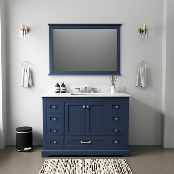 Lexora Home Dukes 48" Carrara Marble Top Single Vanity with Sink in Navy Blue
