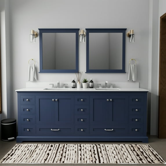 Dukes 84 in W Navy Blue Double Vanity, White Quartz Top, Faucet Set, and 34 in Mirrors