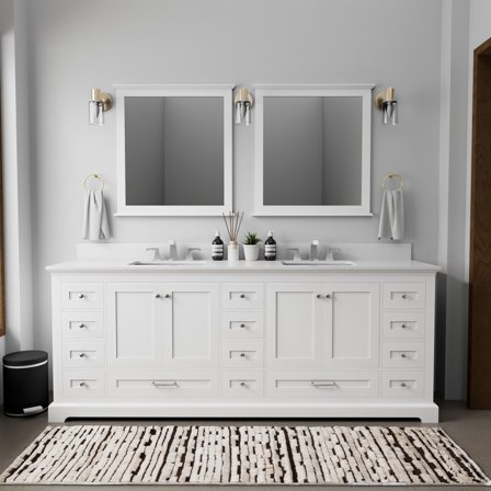 Dukes 84 in. W White Double Bath Vanity, Cultured Marble Top, and 34 in. Mirrors