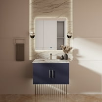 Geneva 30 in. W Navy Blue Bath Vanity, Carrara Marble Top, and 30 in. LED Mirror
