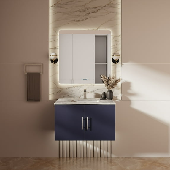 Geneva 30 in. W Navy Blue Bath Vanity, Carrara Marble Top, and 30 in. LED Mirror