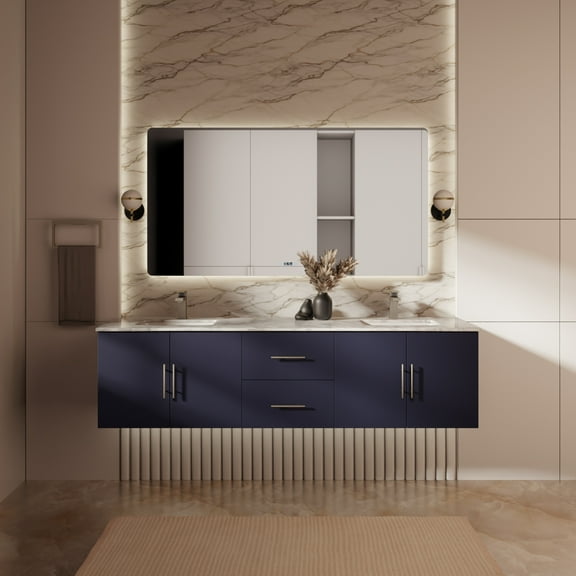 Lexora Home Geneva 72" Double Vanity with LED Mirrors in Navy Blue