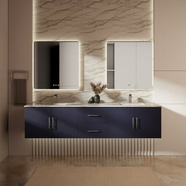 Geneva 80 in. W Navy Blue Vanity, Carrara Marble Top, Faucet Set, and 30 in. LED Mirrors
