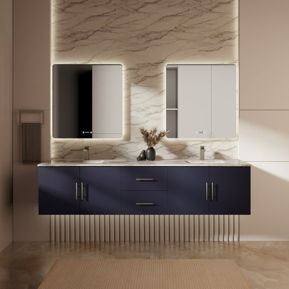 Geneva 80 in. W Navy Blue Vanity, Carrara Marble Top, Faucet Set, and 30 in. LED Mirrors