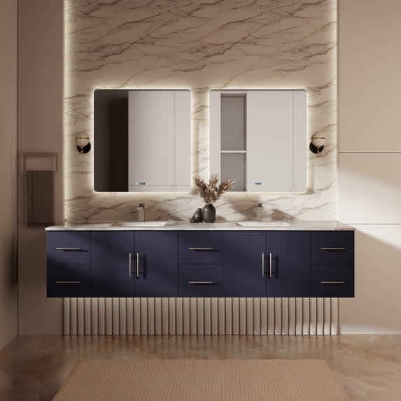 Lexora Home Geneva 84" Double Vanity with LED Mirrors in Navy Blue