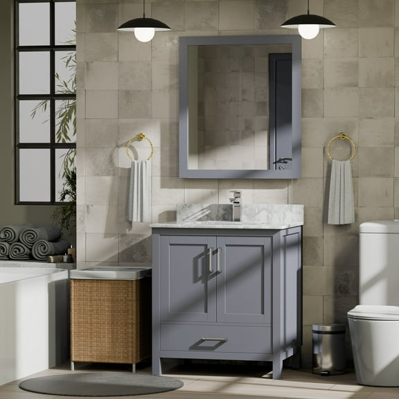 Lexora Home Jacques 30" Carrara Marble Top Single Vanity in Dark Gray