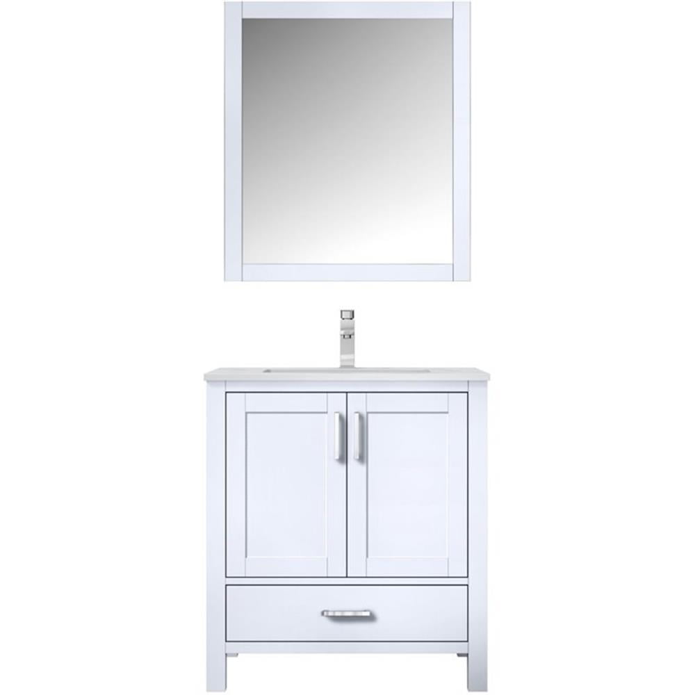 White 30" Vanity with Marble Top, Sink, Mirror, and Faucet