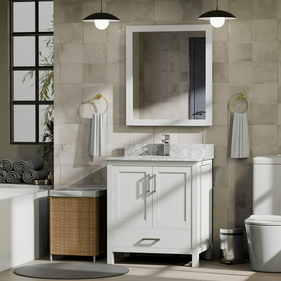 Jacques 30 in. W White Bath Vanity, Carrara Marble Top, Faucet Set, and 28 in. Mirror
