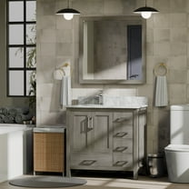 Jacques 36 in W Left Offset Distressed Grey Bath Vanity, Carrara Marble Top, & 34" Mirrors