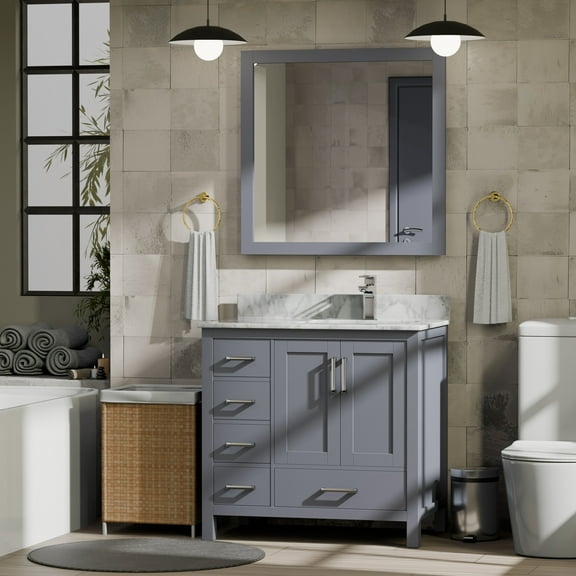 Jacques 36 in. W Right Offset Dark Grey Bath Vanity, Carrara Marble Top, & 34 in. Mirrors
