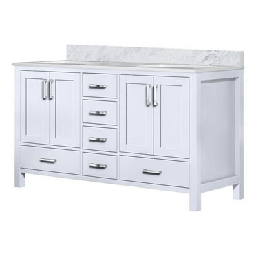 Lexora Home Jacques 60" Carrara Marble Top Double Vanity with Sinks in White