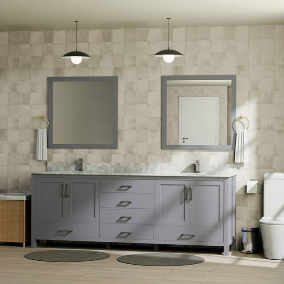 Jacques 80 in W Dark Grey Double Vanity, Carrara Marble Top, Faucet Set, & 30 in Mirrors
