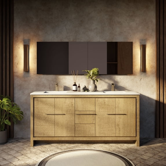 Lexora Home Lafarre 72" Double Quartz Top Bathroom Vanity with Mirror in Rustic