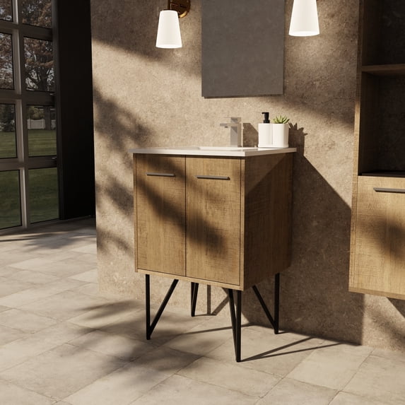 Lexora Home Lancy 30" Single Quartz Top Bathroom Vanity with Mirror in Rustic