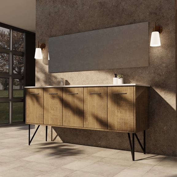 Lexora Home Lancy 72" Double Quartz Top Bathroom Vanity with Mirror in Rustic