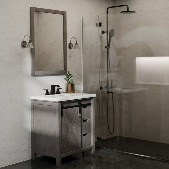 Marsyas 30 in W Ash Grey Bath Vanity, Cultured Marble Countertop and 28 in Mirror