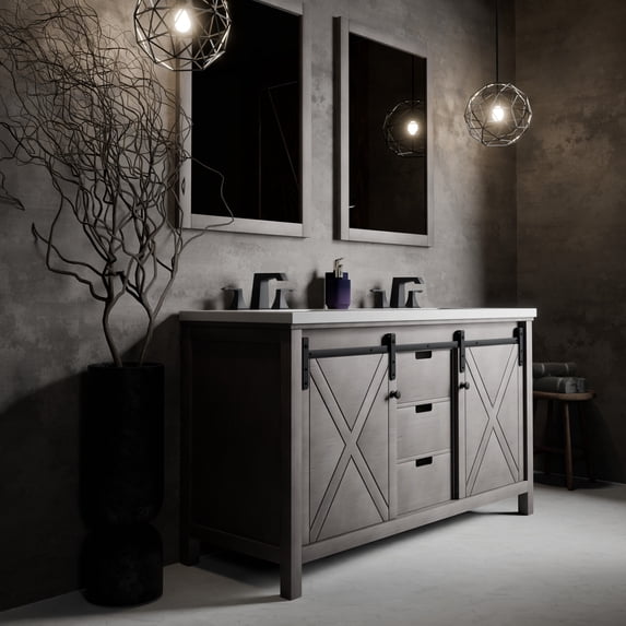Marsyas 60 in W Ash Grey Double Vanity, Cultured Marble Top, Faucet Set and 24 in Mirrors