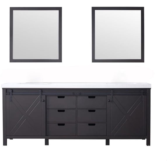 Lexora Home Marsyas 84" Quartz Top Double Vanity with Sinks and Mirrors in Brown