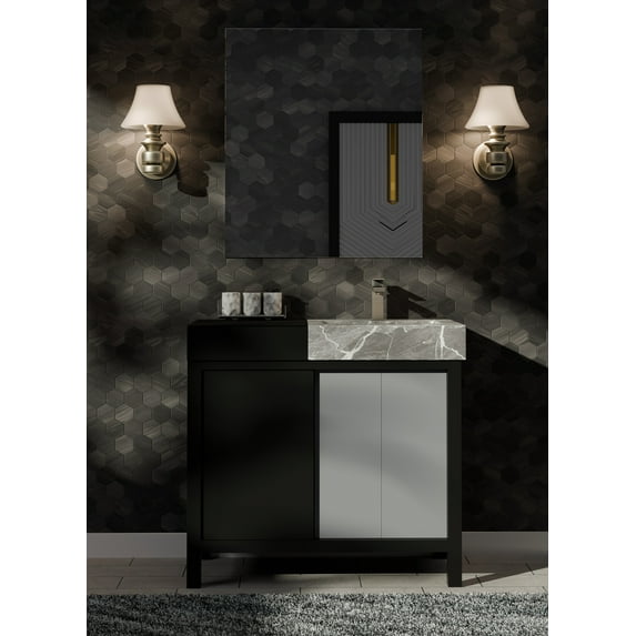 Zilara 36 in W Black and Grey Vanity, Castle Grey Marble Top, Faucet Set and 30 in Mirror
