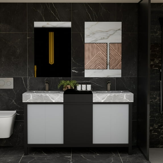 Zilara 60 in W Black and Grey Double Bath Vanity, Castle Grey Marble Top and Faucet Set