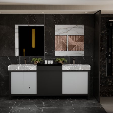 Zilara 80 in W x 22 in D Black and Grey Double Bath Vanity and Castle Grey Marble Top