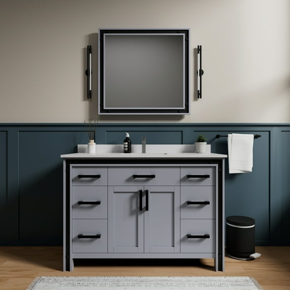 Ziva 48 in W x 22 in D Dark Grey Bath Vanity, Cultured Marble Top and 34 in Mirror