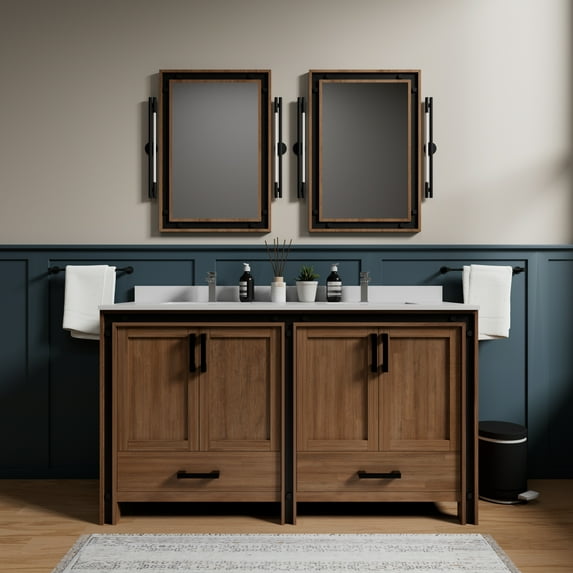 Ziva 60 in W Rustic Barnwood Double Bath Vanity, Cultured Marble Top and 22 in Mirrors