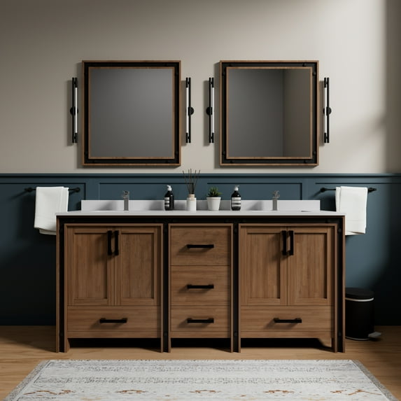 Ziva 72 in W x 22 in D Rustic Barnwood Double Bath Vanity, Cultured Marble Top and 30 in Mirrors
