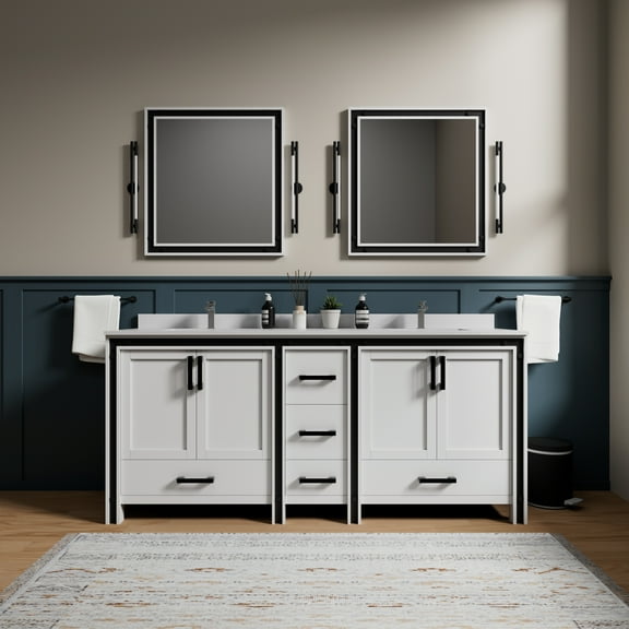 Ziva 80 in W x 22 in D White Double Bath Vanity, Cultured Marble Top and 30 in Mirrors