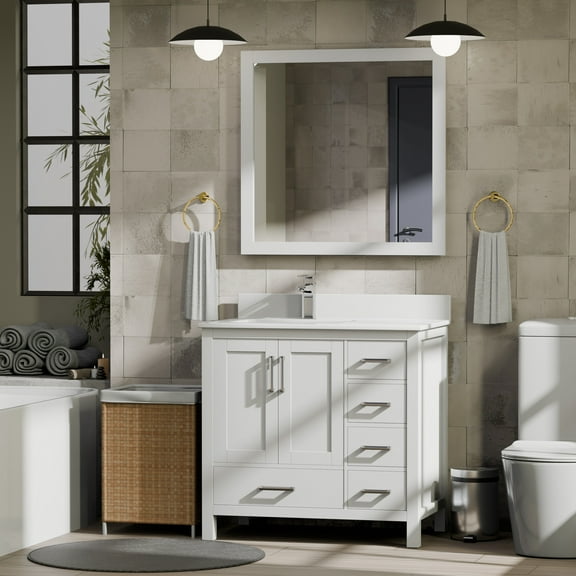 Jacques 36 in. W x 22 in. D Left Offset White Bath Vanity and White Quartz Top