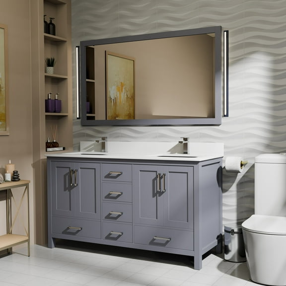 Jacques 60 in W Dark Grey Double Bath Vanity, White Quartz Top, Faucet Set, & 58 in Mirror