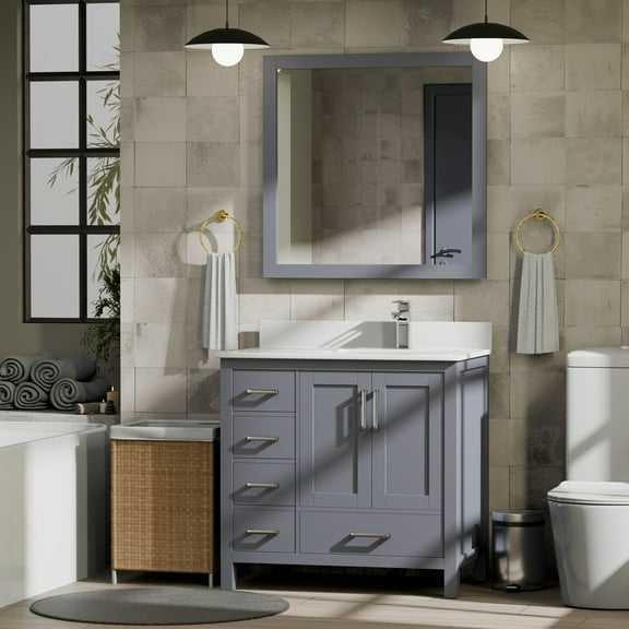 Jacques 36 in. W Right Offset Dark Grey Bath Vanity, White Quartz Top, and 34 in. Mirrors
