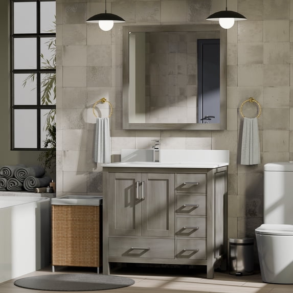 Jacques 36 in W Left Offset Distressed Grey Bath Vanity, White Quartz Top, & 34 in Mirrors