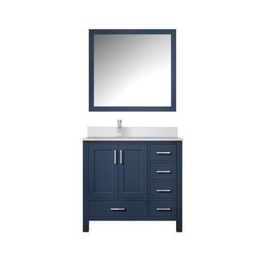 Lexora Jacques 36 in. W x 22 in. D Left Offset Navy Blue Bath Vanity, White Quartz Top, Faucet Set, and 34 in. Mirrors