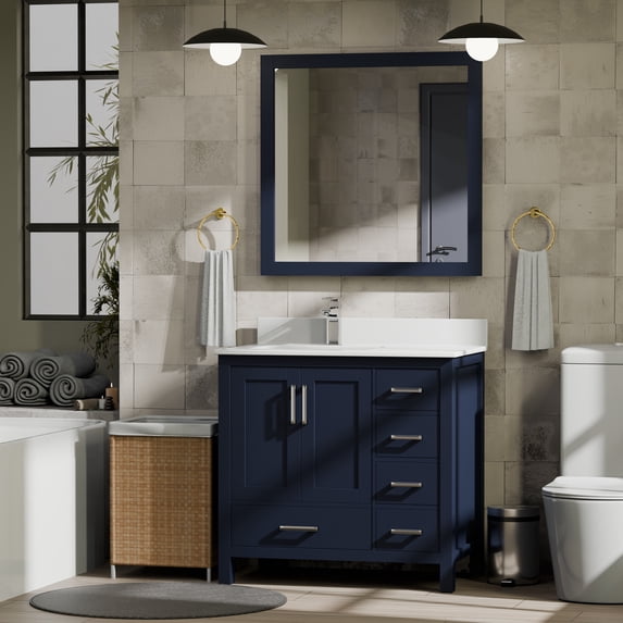 Jacques 36 in. W Left Offset Navy Blue Bath Vanity, White Quartz Top, and 34 in. Mirrors
