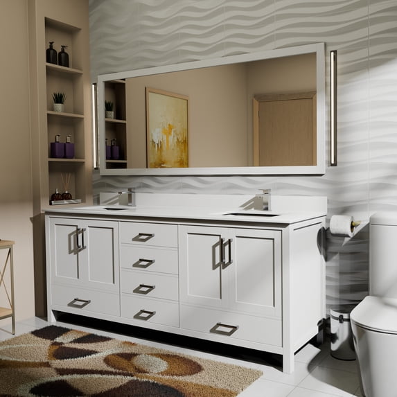Jacques 72 in. W White Double Bath Vanity, White Quartz Top, Faucet Set, and 70 in. Mirror